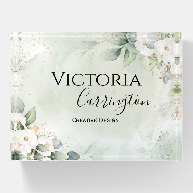 Personalized Floral Gold Green Business Paperweight (Front)