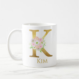Personalized Floral Gold Monogram Letter K Custom Coffee Mug