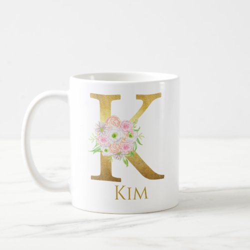 Personalized Floral Gold Monogram Letter K Custom Coffee Mug
