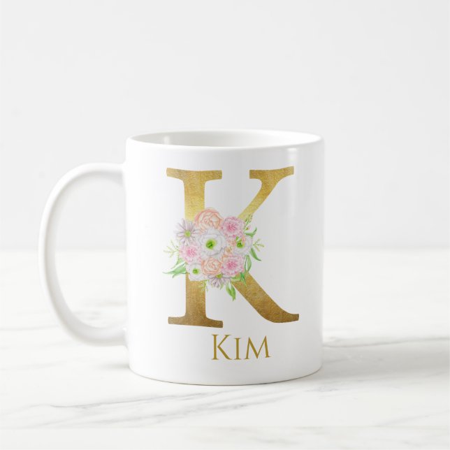 Personalized Floral Gold Monogram Letter K Custom Coffee Mug (Left)