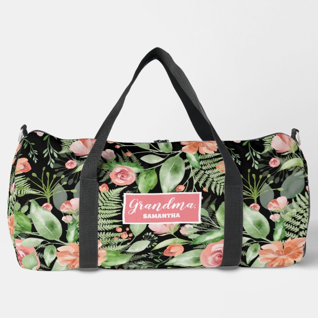 Personalized Floral Grandma Mother's Day Black Duffle Bag (Front)