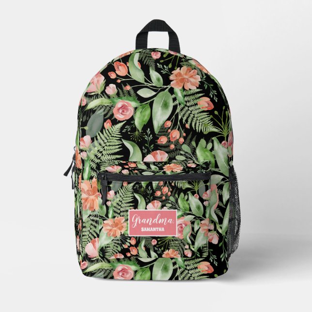 Personalized Floral Grandma Mother's Day Black Printed Backpack (Front)