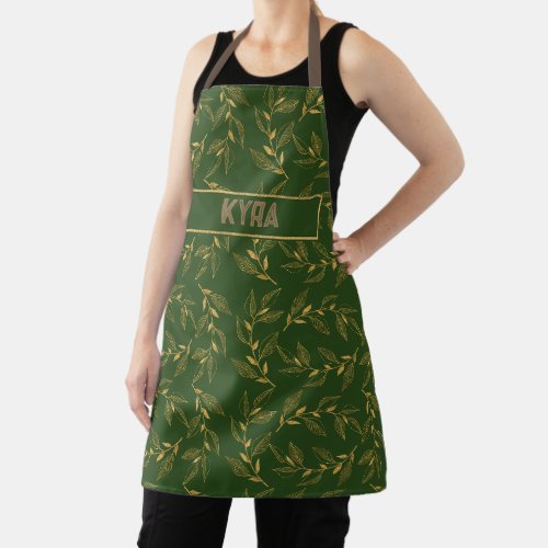 Personalized Floral Green Gold Abstract  Apron