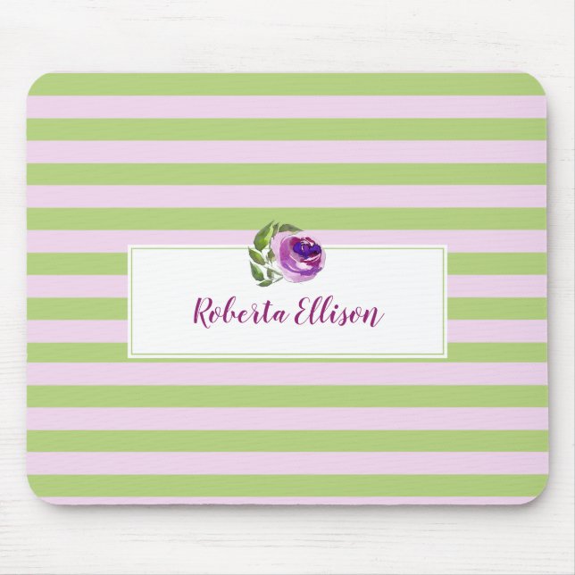 Personalized Floral Green Lilac Horizontal Stripes Mouse Pad (Front)