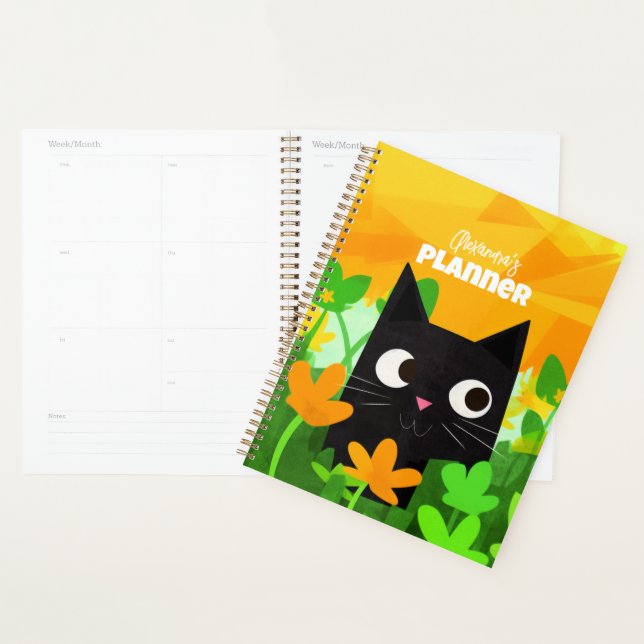 Personalized Floral Green Orange Black Cat  Planner (Display)