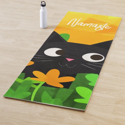Personalized Floral Green Orange Black Cat Yoga Mat