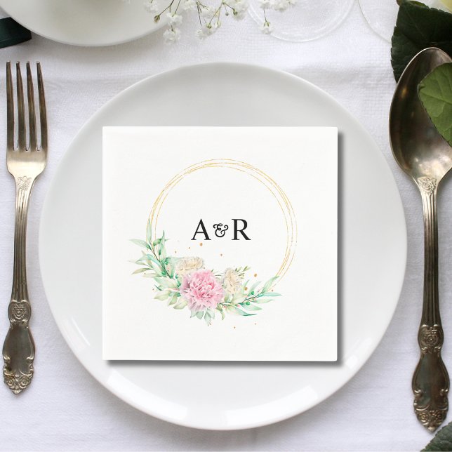 Personalized Floral Greenery Circle Wedding Paper Napkins (Personalized floral greenery circle wedding paper napkins add fresh elegance to wedding receptions.)