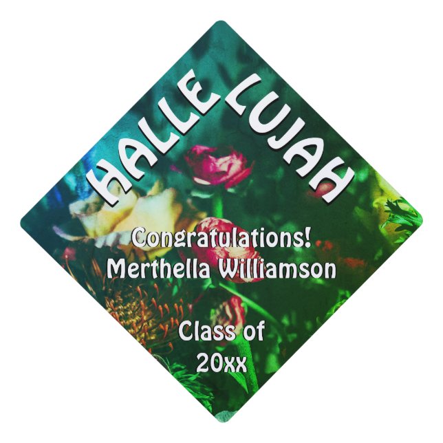 Personalized Floral HALLELUJAH Christian Graduation Cap Topper (Front)