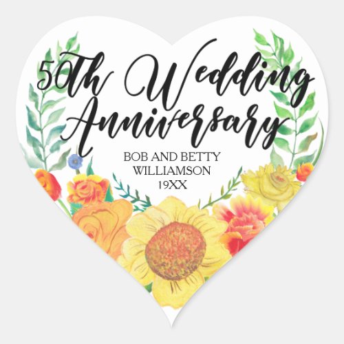 Personalized Floral Heart 50th Wedding Anniversary Heart Sticker