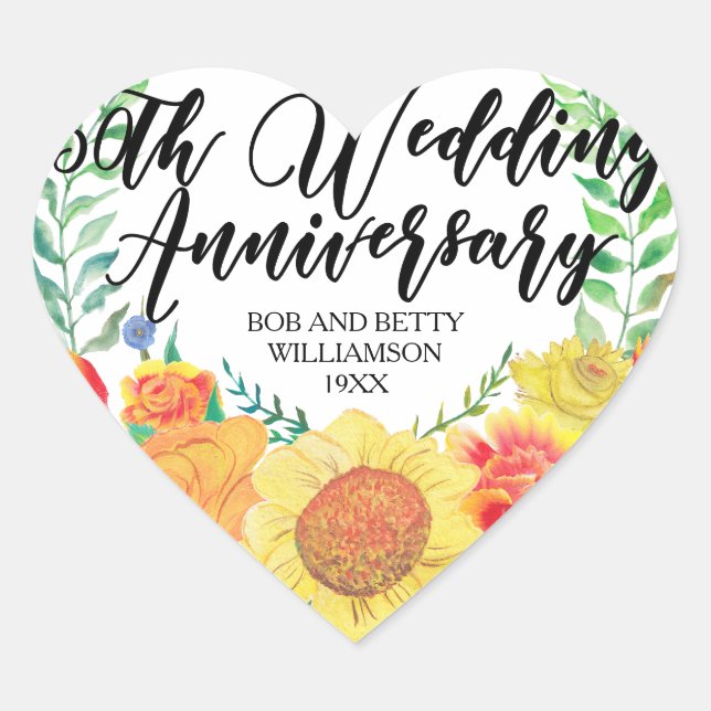 Personalized Floral Heart 50th Wedding Anniversary Sticker (Front)