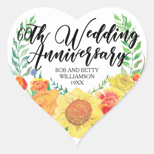 Personalized Floral Heart 60th Wedding Anniversary Heart Sticker