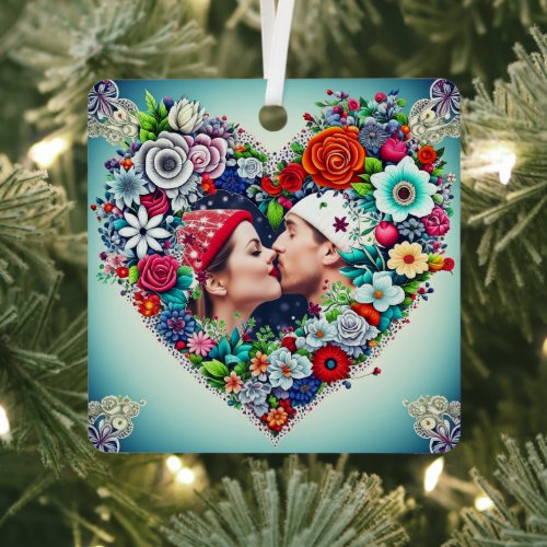 Personalized Floral Heart Frame Christmas Gift Metal Ornament