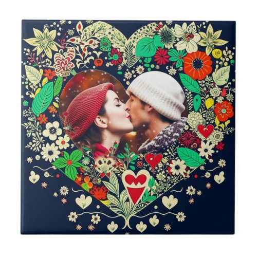 Personalized Floral Heart Frame Photo Ceramic Tile