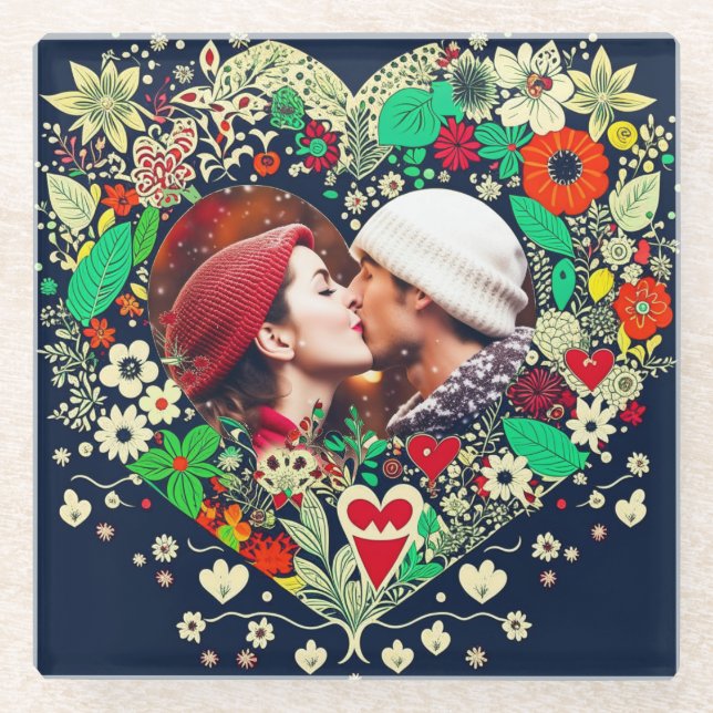 Personalized Floral Heart Frame Photo Glass Coaster (Front)
