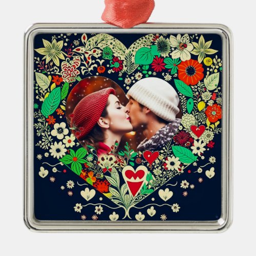 Personalized Floral Heart Frame Photo Metal Ornament