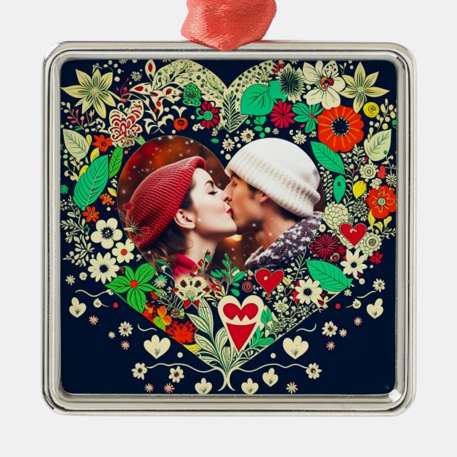 Personalized Floral Heart Frame Photo Metal Ornament (Front)
