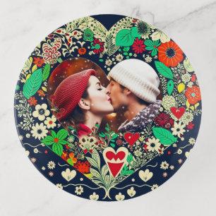 Personalized Floral Heart Frame Photo Trinket Tray