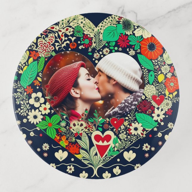 Personalized Floral Heart Frame Photo Trinket Tray (Front)