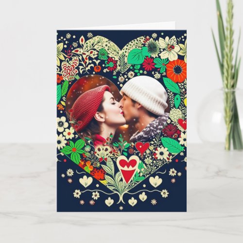 Personalized Floral Heart Frame Romantic Christmas Card
