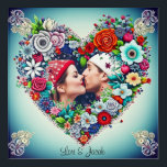 Personalized Floral Heart Frame Romantic Gift Acrylic Print<br><div class="desc">Pretty teal background with red roses and colorful flowers whimsical folk art style floral heart. Add a picture of you and your partner in the personalize area. Sweet romantic gift for Christmas,  Valentine's Day or an anniversary.</div>