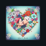 Personalized Floral Heart Frame Romantic Gift Metal Print<br><div class="desc">Pretty teal background with red roses and colorful flowers whimsical folk art style floral heart. Add a picture of you and your partner in the personalize area. Sweet romantic gift for Christmas,  Valentine's Day or an anniversary.</div>