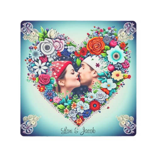 Personalized Floral Heart Frame Romantic Gift Metal Print