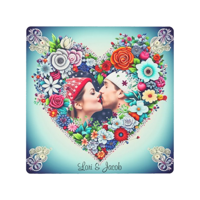 Personalized Floral Heart Frame Romantic Gift Metal Print (Front)