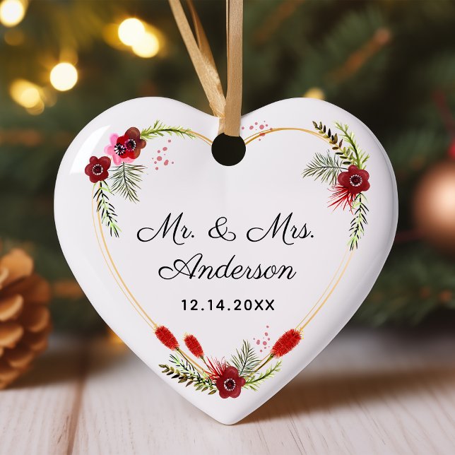 Personalized Floral Heart Photo Mr. & Mrs. Wedding Ceramic Ornament (Creator Uploaded)