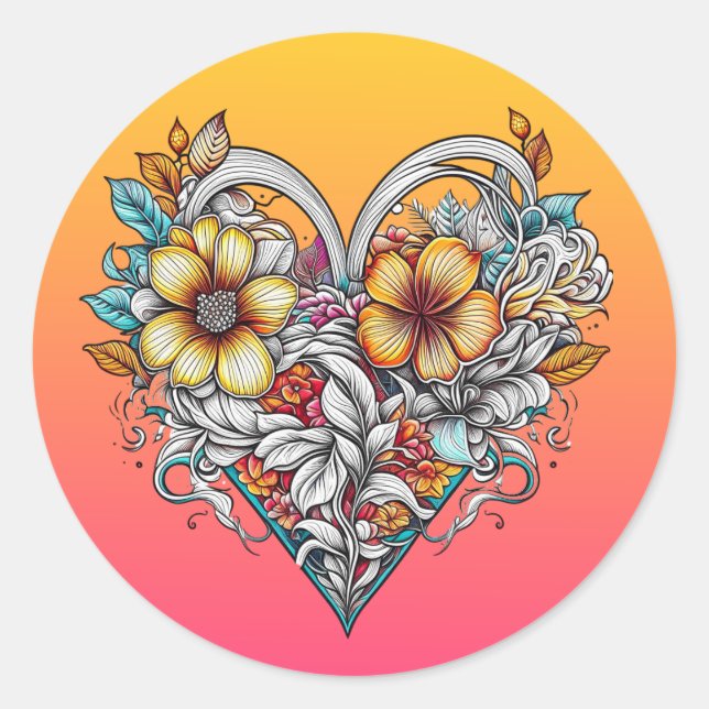 Personalized Floral Heart Romantic Classic Round Sticker (Front)
