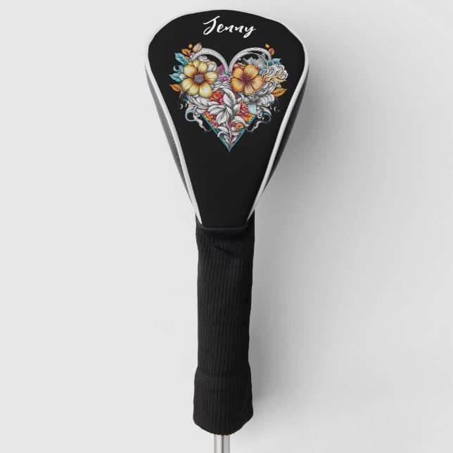 Personalized Floral Heart Romantic Golf Head Cover (Front)