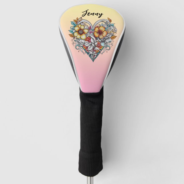 Personalized Floral Heart Romantic Golf Head Cover (Front)