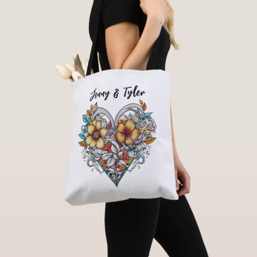 Personalized Floral Heart Romantic Tote Bag