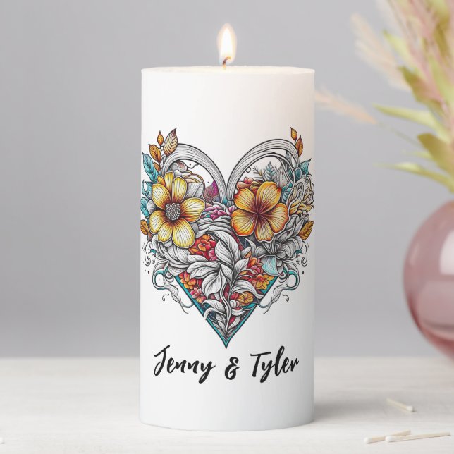 Personalized Floral Heart Sentimental Keepsake Pillar Candle (In Situ)