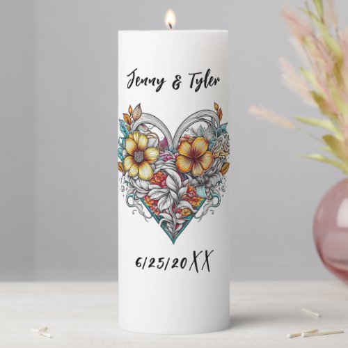 Personalized Floral Heart Sentimental Keepsake Pillar Candle