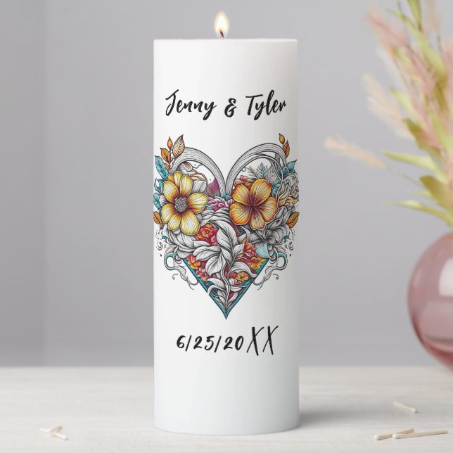 Personalized Floral Heart Sentimental Keepsake Pillar Candle (In Situ)