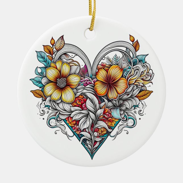 Personalized Floral Heart with Sentimental Message Ceramic Ornament (Front)