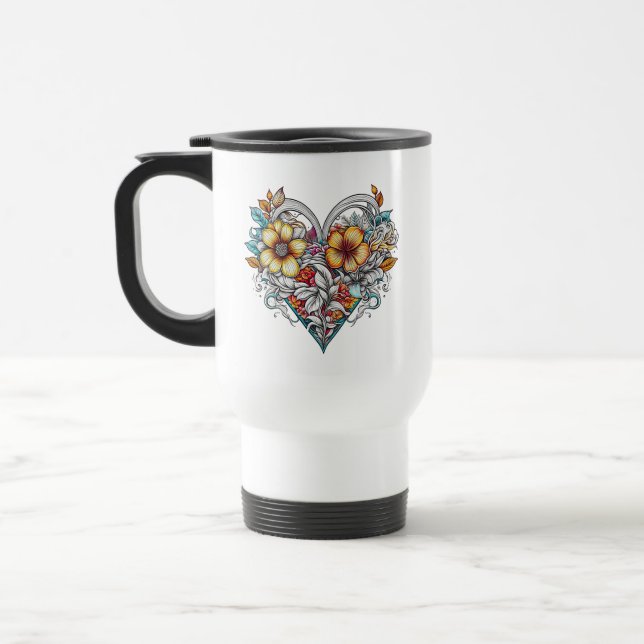 Personalized Floral Heart with Sentimental Message Travel Mug (Left)