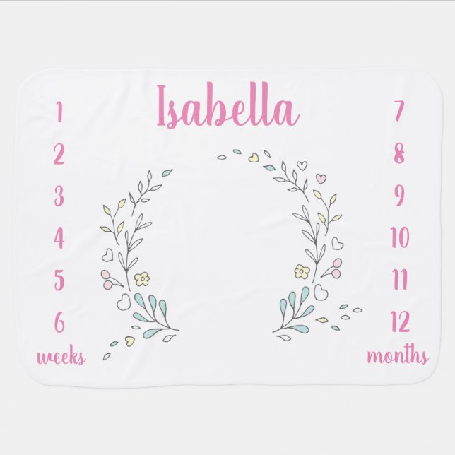 Personalized | Floral Heart Wreath Baby Milestone Baby Blanket (Horizontal)