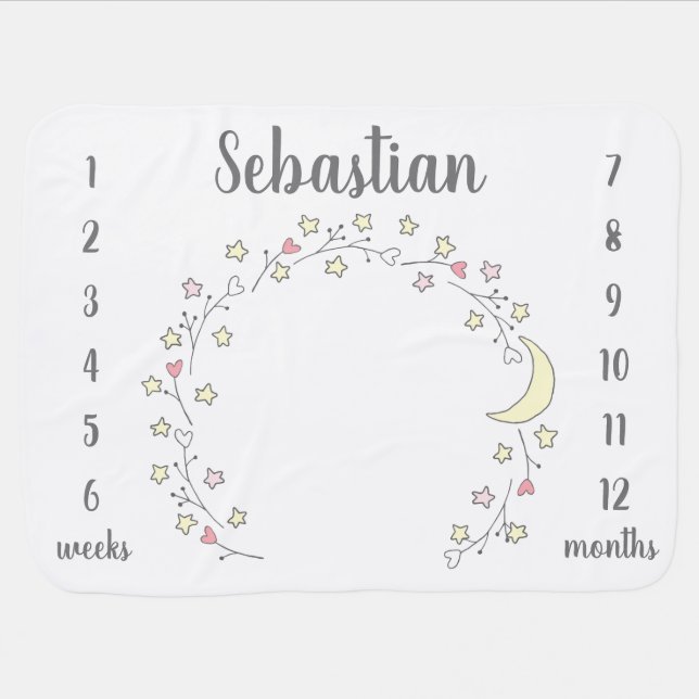 Personalized | Floral Heart Wreath Baby Milestone Baby Blanket (Horizontal)
