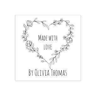 Personalized Floral Heart Wreath 'Made With Love' Rubber Stamp