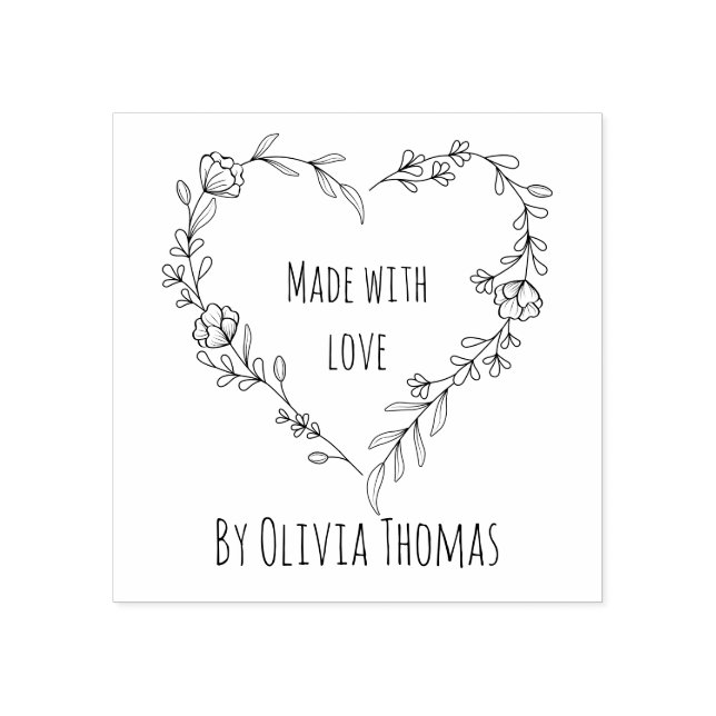 Personalized Floral Heart Wreath 'Made With Love'  Rubber Stamp (Imprint)