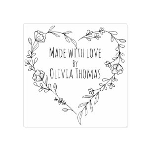 Personalized Floral Heart Wreath 'Made With Love' Rubber Stamp