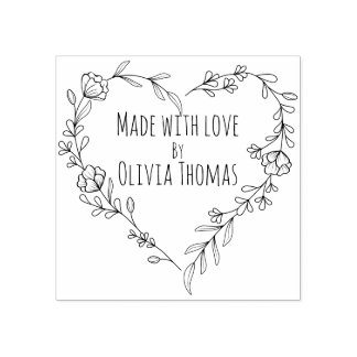 Personalized Floral Heart Wreath 'Made With Love' Rubber Stamp