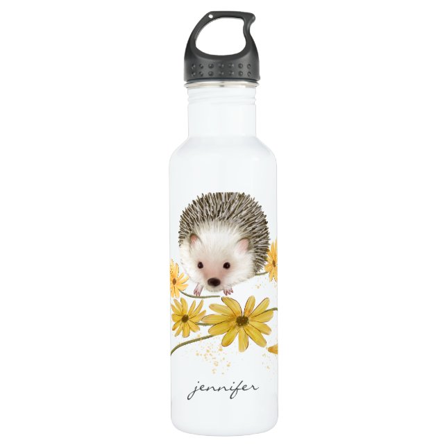 Personalized Floral Hedgehog Stainless Steel Water Bottle (Front)