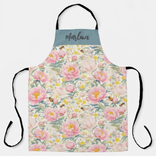 Personalized Floral Kitchen Apron with Bees Peony