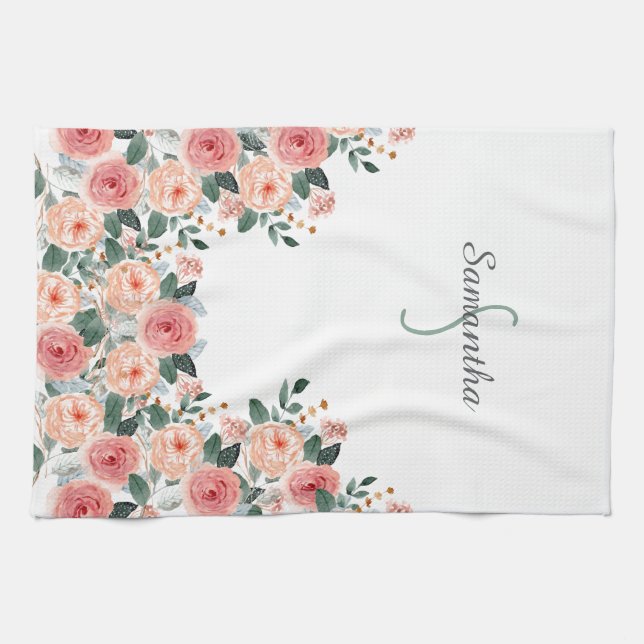 Personalized Floral Kitchen Towels - Initial&Name (Horizontal)