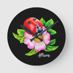 Personalized Floral Ladybug Round Clock