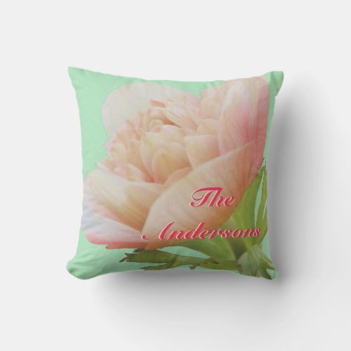 Personalized Floral Landscape Mint and CoralPillow Throw Pillow