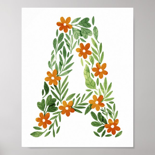 Personalized Floral Letter A with Orange Flowers Poster (Front)