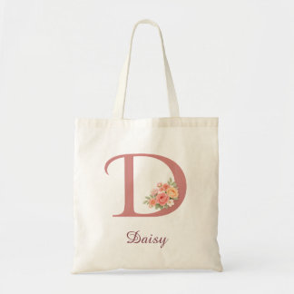 Personalized Floral Letter D Monogram Tote Bag